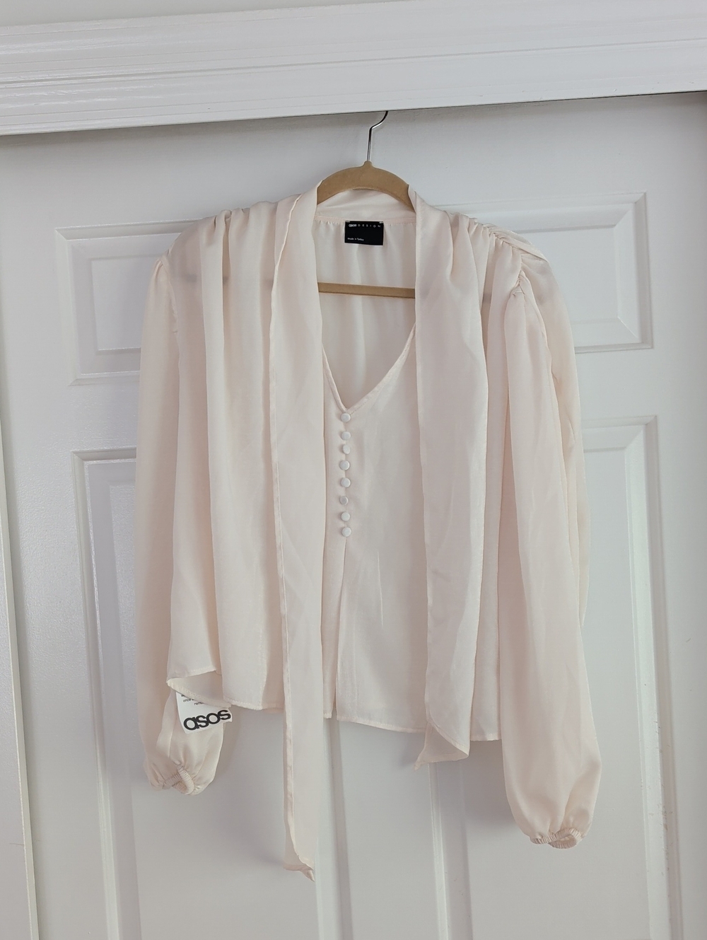 ASOS Design Soft Cream Tie-Neck Blouse with Button Front